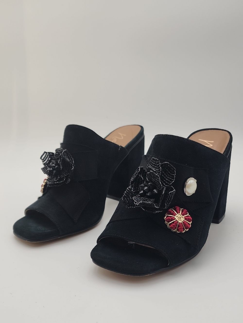 Nanette Lepore Marsha Embellished Black Suede Heel Peep Toe Floral Mules Sz 6